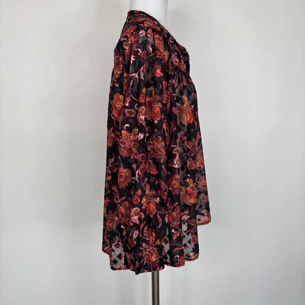 Ophelia Roe Top XL Black Orange Floral Textured 3/4 Sleeve Sheer Blouse‎ Women's - Picture 6 of 11